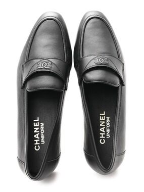 CHANEL Black Leather Slip-On Loafers with CC Logo